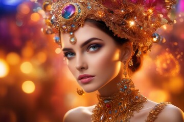 Fair-skinned girl wearing an ornate tiara on defocused lights background. AI generated images.