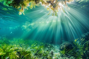 Fototapeta na wymiar Discover the tranquility of a submerged forest clearing, where sunlight filters through the water, illuminating a peaceful underwater, Generative AI