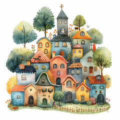 Watercolor pictures of cute village scenes. , There are various styles of architecture, buildings, watercolors, hand drawn, landscapes,