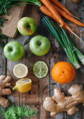 background for an instagram reel of fuit and vegetaables as apple, ginger, carrot, lemon, lime, fennel in an environment with light, fresh and healthy wooden tables