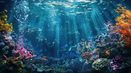 Naklejka premium World Oceans Day. World Water Day. Blue ocean underwater life with coral reefs and colorful fish. Bright sunlight shines under the sea. Beautiful nature landscape. 