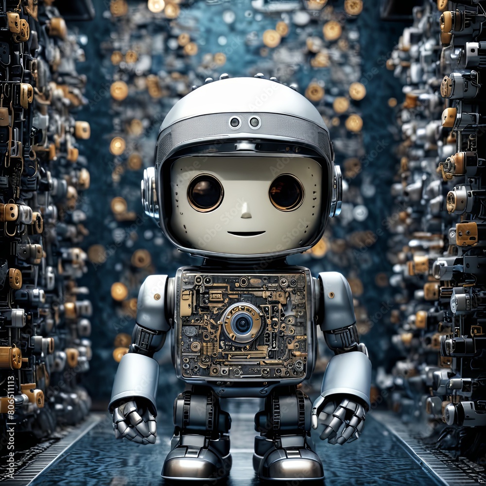Poster a robot with a smile on its face stands in a room full of buttons and knobs