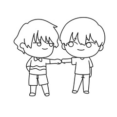 Two boys are holding hands and smiling