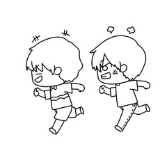 Two cartoon characters running with one of them looking angry