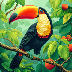 Obraz premium Vibrant toucan perched on a branch surrounded by lush tropical leaves, illustrating the biodiversity of the rainforest.
