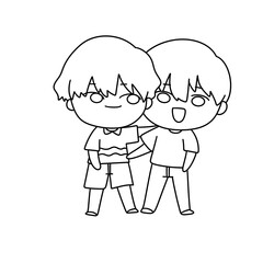 Two young boys are hugging each other