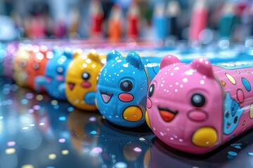A variety of colorful plastic pencil sharpeners shaped like cartoon characters sit on a table.