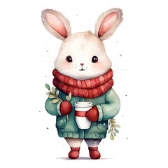 Cute cartoon rabbit in winter clothes with a cup of hot drink.