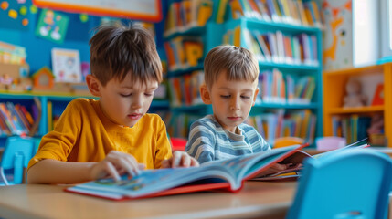 children boys reading books sitting at desks in children's center