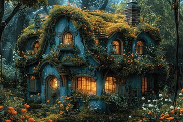 Obraz premium Generate a digital painting of a small cottage in the middle of a dense forest