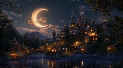 Fototapeta premium A crescent moon hovering over a fairy village, providing gentle light as fairies go about their evening