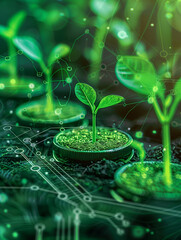 Seedlings sprouting on coins, embodying investment in green business and sustainable development