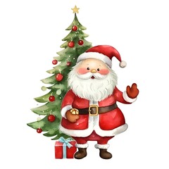 Watercolor illustration of Santa Claus and Christmas tree isolated on white background