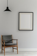 The simulation of a black frame with a white coating contrasts with the plain white wall. and simple furniture,