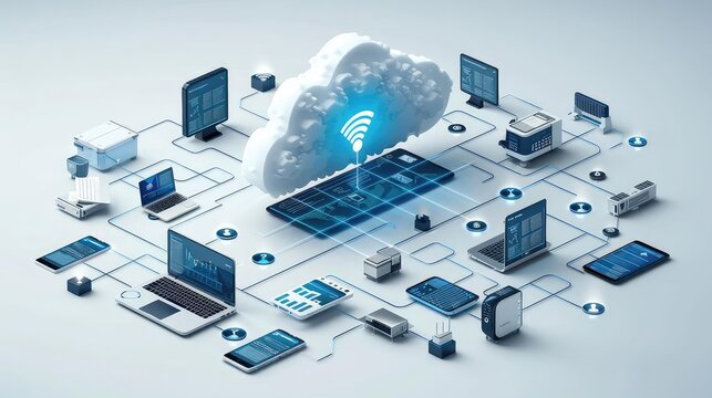 A network of devices connected to a cloud. The devices include laptops, tablets, smartphones, and printers. The cloud is labeled "Wi-Fi".