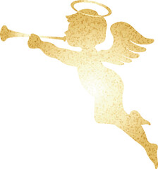 ラッパを吹く天使　シルエット　水彩　キラキラ　ラメ　バレンタイン　クリスマス　イラスト素材　金色　ゴールド
