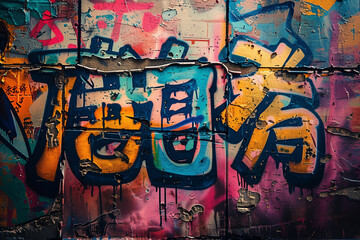 grafitti textured wall. colorful. graffiti wall. japanese writings.