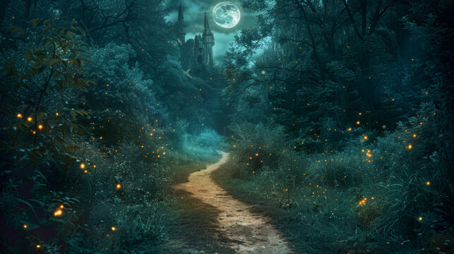 A mystical forest path illuminated by moonlight and fireflies, leading to an ancient castle.