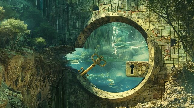 A digital art scene where a giant key is unlocking a padlock, revealing a hidden landscape within