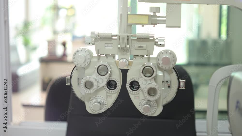 Sticker close up of eye test Phoropter in hospital 