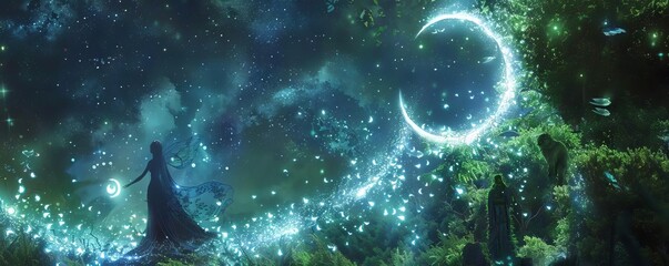 A fairy and a crescent moon connected by glowing threads of light, illuminating a mystical forest