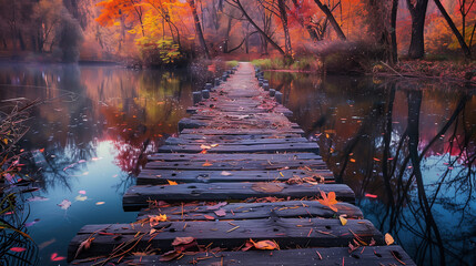 Leading lines, photograph of a weathered wooden bridge stretching across a tranquil river, colorful autumn leaves reflected in the water