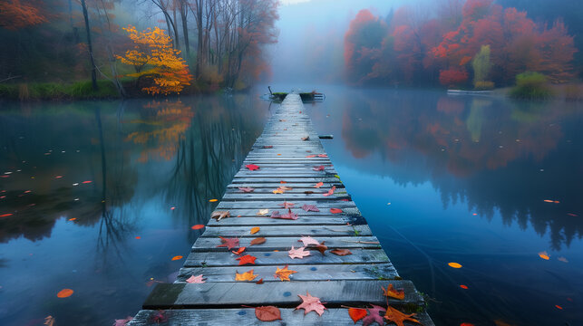 Leading lines, photograph of a weathered wooden bridge stretching across a tranquil river, colorful autumn leaves reflected in the water