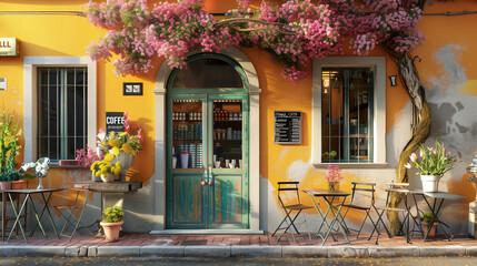 Colorful spring cafe, authentic atmosphere in Italy