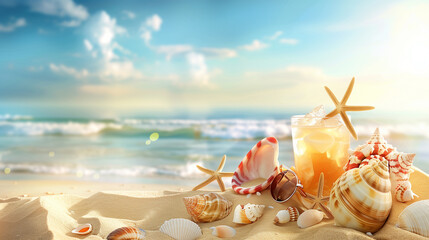 Sand dunes on seaside shells, sandals, sunglasses, cocktail, background, beach