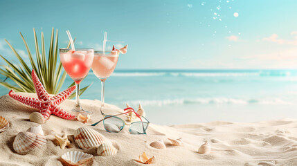 Sand dunes on seaside shells, sandals, sunglasses, cocktail, background, beach