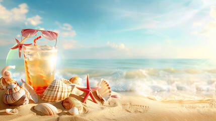 Sand dunes on seaside shells, sandals, sunglasses, cocktail, background, beach