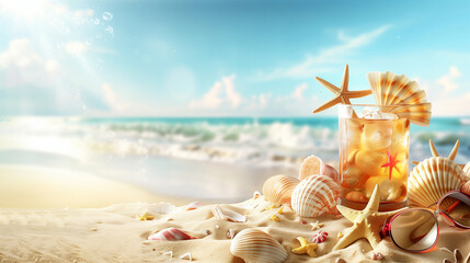 Sand dunes on seaside shells, sandals, sunglasses, cocktail, background, beach