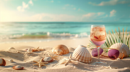 Sand dunes on seaside shells, sandals, sunglasses, cocktail, background, beach