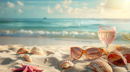 Sand dunes on seaside shells, sandals, sunglasses, cocktail, background, beach
