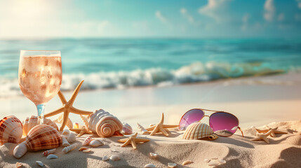 Sand dunes on seaside shells, sandals, sunglasses, cocktail, background, beach
