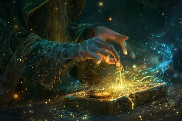A fantasy scenario where a wizard is casting a spell on a padlock, and a key is glowing with magical energy