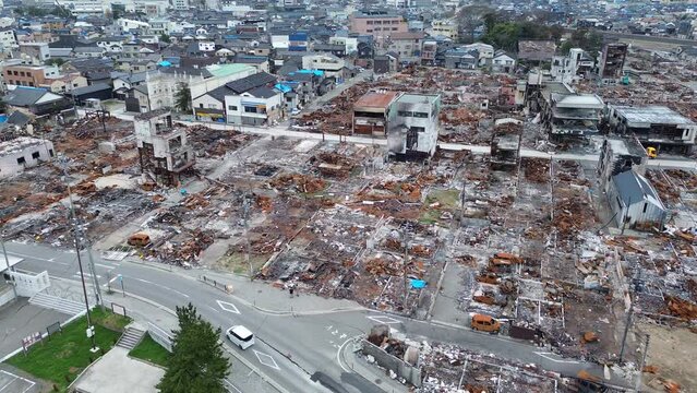 Aerial view of a town destroyed by fire caused by an earthquake that occurred on the Noto Peninsula, Ishikawa Prefecture, Japan on January 1, 2024 part1