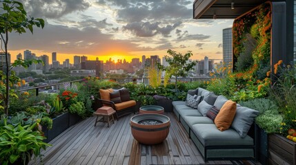 The image shows a beautiful rooftop terrace with a view of the city
