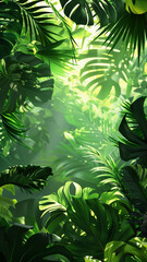 Tropical green leaves create a lush and vibrant background