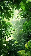 Tropical green leaves create a lush and vibrant background