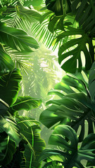 Tropical green leaves create a lush and vibrant background