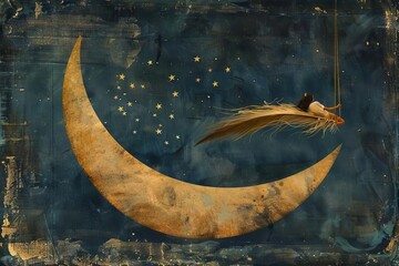 A feather perched on the crescent moon like a swing, with a dreamy figure swaying gently