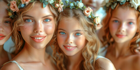 Obraz premium A group of young girls are wearing flower crowns and smiling for the camera