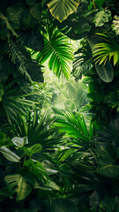 Tropical green leaves create a lush and vibrant background
