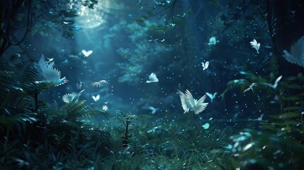 A forest clearing bathed in moonlight, with feathers glowing in the underbrush like magical fireflies