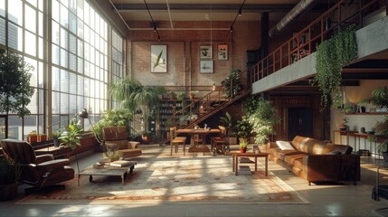 Fototapeta premium The photo shows a beautiful living room with a high ceiling and lots of natural light