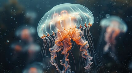 Detailed image of an underwater jellyfish It shows a translucent body and tentacles.