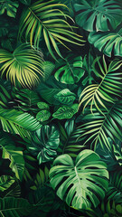 Tropical green leaves create a lush and vibrant background