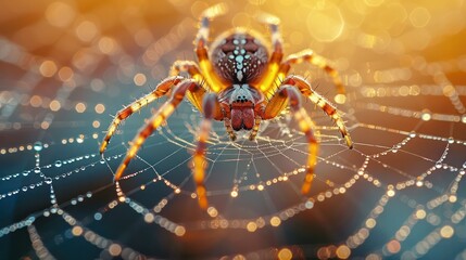 Obraz premium Detailed shot of a spider in its web at dawn, with dewdrops highlighting the web's intricate patterns.