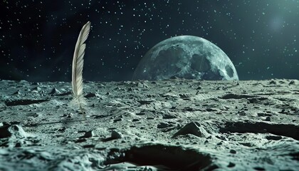 A lone feather stuck in the surface of the moon like a flag, symbolizing exploration and dreams